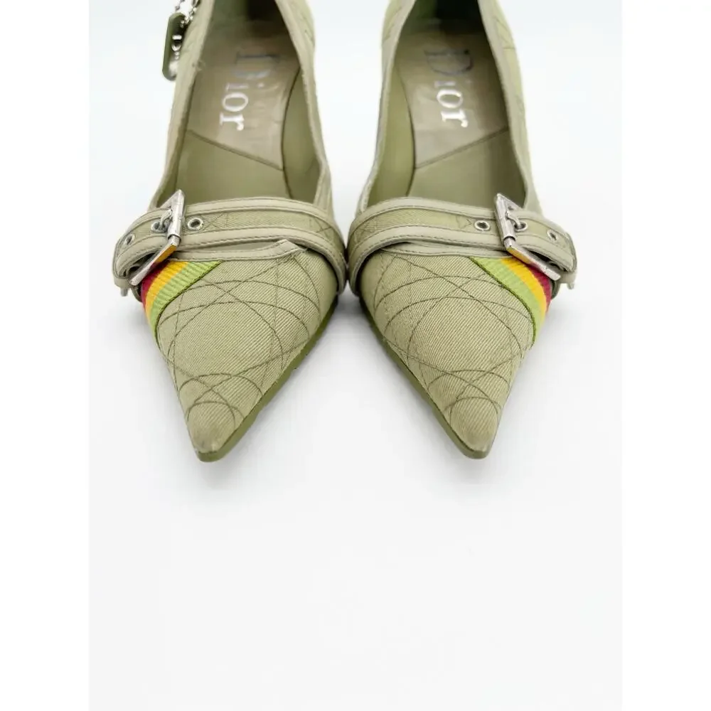 Christian Dior Vintage Green Cannage Rasta Pointed Toe Buckle Pumps Heels EU 37